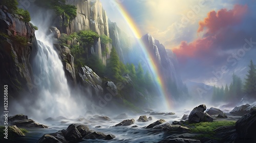 A thundering waterfall tumbling over a rocky ledge, with a rainbow arcing across the spray. photo