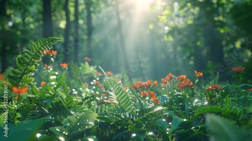 a forest with lots of green and red flowers photo
