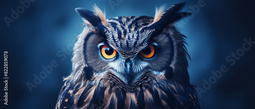 Thoughtful owl on navy background, serious mood, space for text