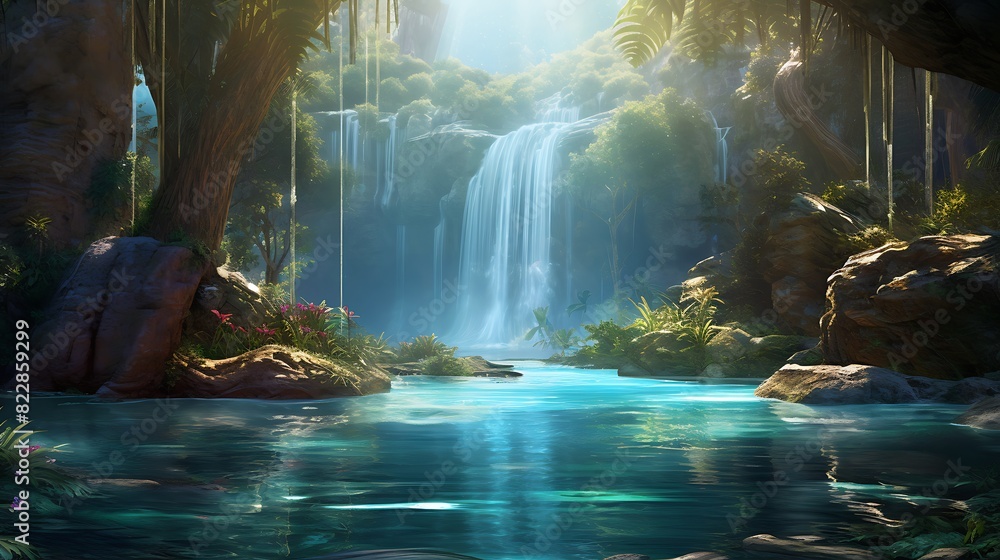 A sparkling waterfall flowing into a crystal-clear pool, with a few sunbeams dancing across the water.