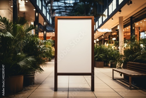 Blank flyer on a bench in a shopping mall, bustling background