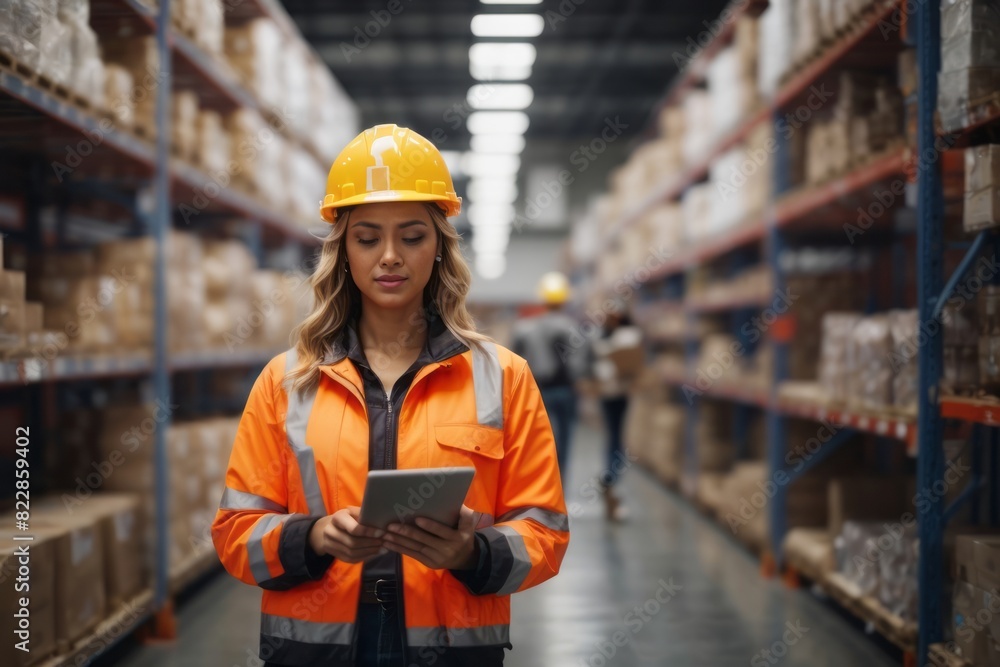 Woman wearing hat and safety suit working in logistics distribution center warehouse while holding digital tablet Woman wearing hat and safety suit working in logistics distribution center warehouse while holding digital tablet