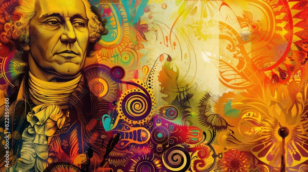 Fototapeta premium American Strength, Colonial Settlements, dreamy fantasy realms painted with vibrant strokes, ancient Egyptian hieroglyphics, SFX