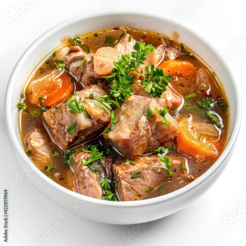 Front view close up fresh pork stew with white background and warm light for product presentation isolated on white background 