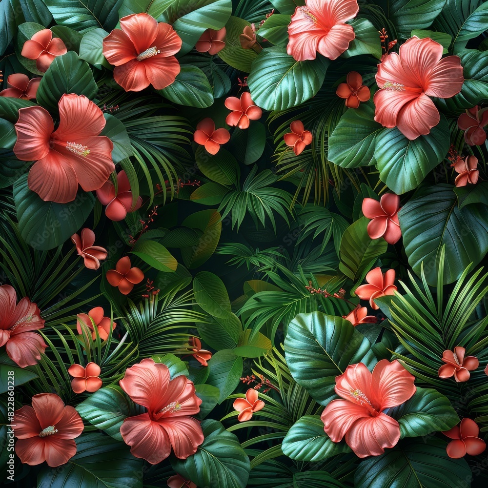 Naklejka premium A tropical backdrop with blooming flowers and green foliage. 