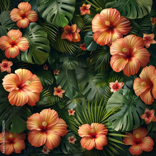 A tropical backdrop with blooming flowers and green foliage. 