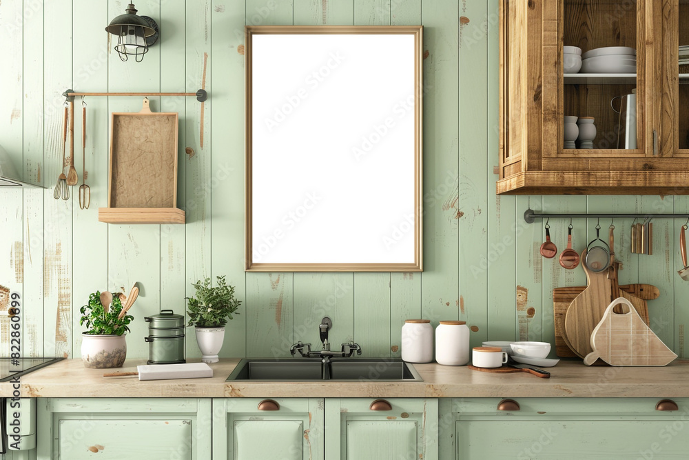 Fototapeta premium Classic wood decor in pastel green kitchen with narrow wooden blank frame mockups, wide format.