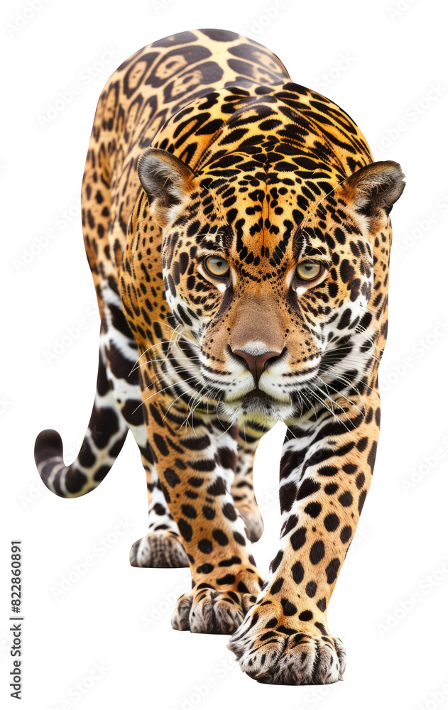 Fototapeta premium Jaguar, Panther, front view, isolated on white, shadow. The same over black 