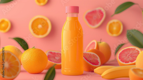 A bottle of orange juice surrounded by fresh whole and sliced oranges, with a pink background, evoking a vibrant, healthy, and refreshing atmosphere. photo
