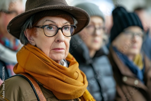 Portrait of senior woman in hat and glasses on blurred crowd background