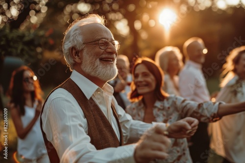 Happy senior man dancing with his friends in the park at sunset. © Inigo