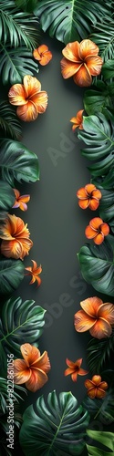 A tropical backdrop with blooming flowers and green foliage. 