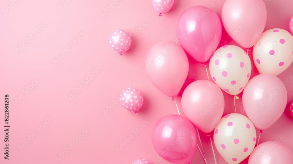 A collection of pink and white balloons with polka dots floating against a soft pink background, suggesting a celebration or festive occasion. A collection of pink and white balloons with polka dots floating against a soft pink background, suggesting a celebration or festive occasion.