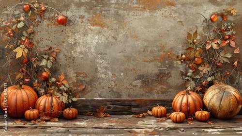 Autumn Harvest: Thanksgiving Border with Pumpkins on Aged Plank © hisilly