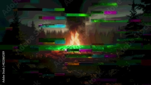 Big forest campfire in the night with glitch transitions and green screen background for video editing. AI image generated photo