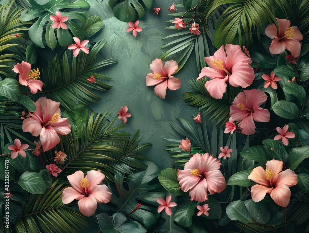 Fototapeta premium A tropical backdrop with blooming flowers and green foliage.
