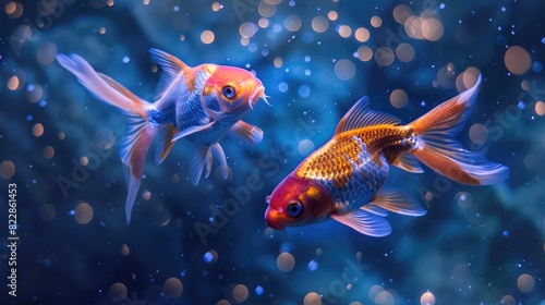 Two koi fish swimming in the water, with colorful scales and beautiful colors. Glowing bubbles float 