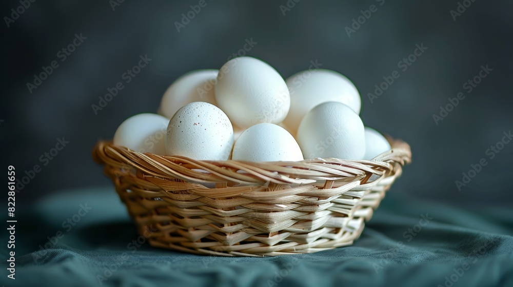 Eggs neatly arranged in a woven basket against dark backdrop Eggs neatly arranged in a woven basket against dark backdrop