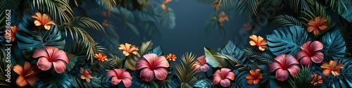 A tropical backdrop with blooming flowers and green foliage.  photo