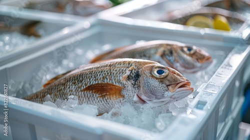 Fresh fish preserved on ice in white styrofoam boxes