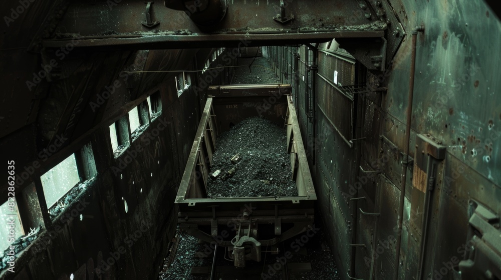 The inside of a hopper car being filled with coal from above.