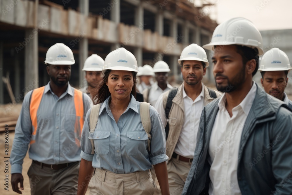 Contractor team wearing hat and safety suit at construction building site Contractor team wearing hat and safety suit at construction building site
