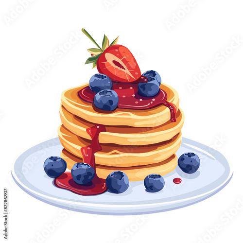 stack of fluffy pancakes with blueberries and a strawberry on a plate