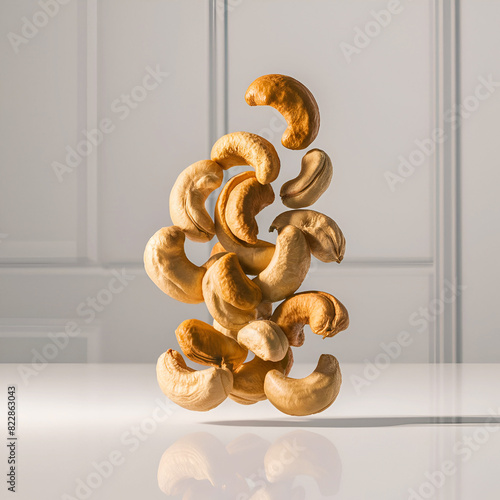 Fresh tasty Cashew nuts falling in the air isolated Ai generative. photo