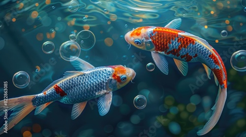 Two koi fish swimming in the water, with colorful scales and beautiful colors. Glowing bubbles float  photo