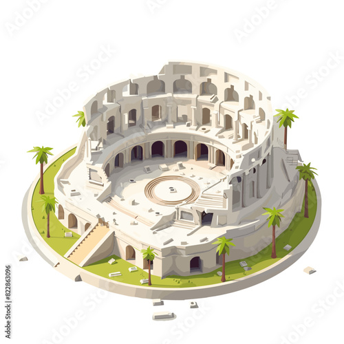 colorful isometric artwork depicting a horseshoe-shaped Greek building