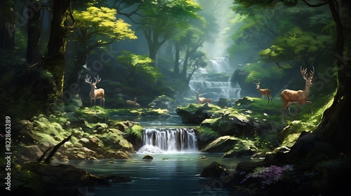 A gentle waterfall meandering through a lush forest  with a few deer drinking from the stream.