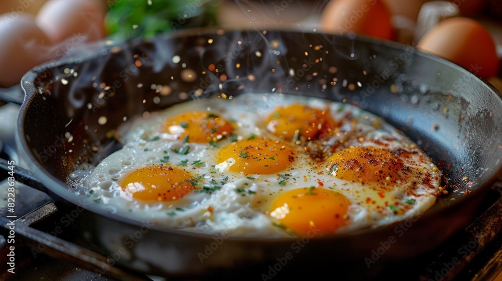 Cozy rustic kitchen scene with eggs being fried on a vintage stove Cozy rustic kitchen scene with eggs being fried on a vintage stove