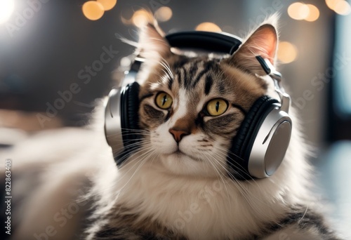 cat music adphones listening earphones pretty expression retro business technology creative looking sitting adorable background tabby portrait face sound conceptual small happy concert photo