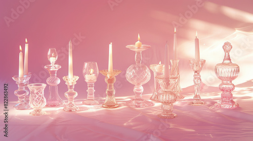 An elegant table setting featuring an array of crystal glassware with candles providing a warm glow, casting soft shadows across a draped white cloth.
