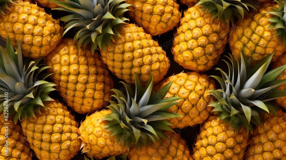Top-view angle background of pineapple fruits. Pineapple tropical fruit. Top-view angle background of pineapple fruits. Pineapple tropical fruit.