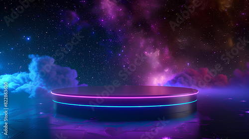 Podium, Futuristic Neon Podium Against a Starry Galaxy Background