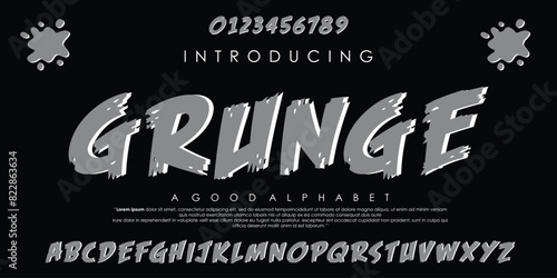 Grunge and dirty texture alphabet font. Vector brush letters for minimal technology typography, creative urban sport fashion, and futuristic font with numbers.