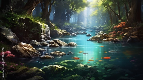 A peaceful waterfall flowing gently into a serene river  with a few fish swimming lazily.