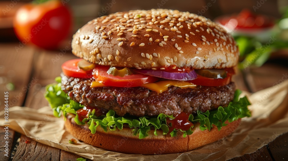 Artisan burger with fresh toppings ready for takeout Artisan burger with fresh toppings ready for takeout