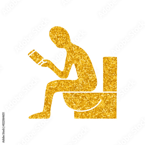 Man sitting in toilet and holding smart phone drawing in gold color style