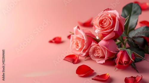 Fototapeta Naklejka Na Ścianę i Meble -  Three Pink Roses With Red Petals On A Pink Background. Perfect For Valentine'S Day, Mother'S Day, Or Any Special Occasion.