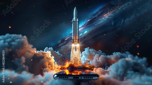 Rocket Launching From A Smartphone. 3D Illustration. photo