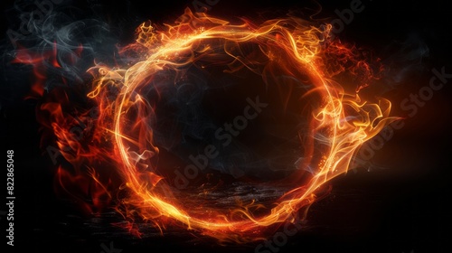 Flaming Circle Of Fire With Glowing Embers And Smoke On Black Background