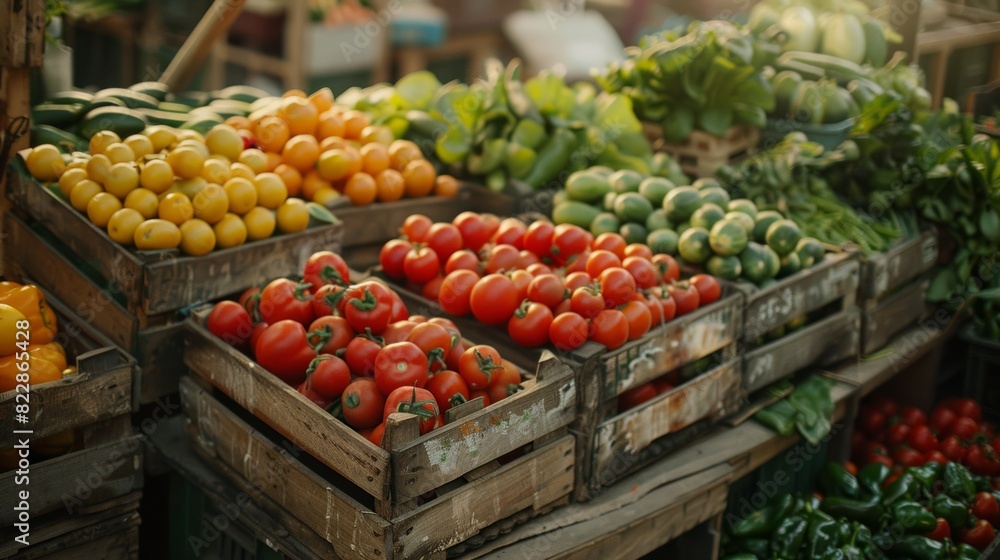 Organic vegetables displayed in rustic crates