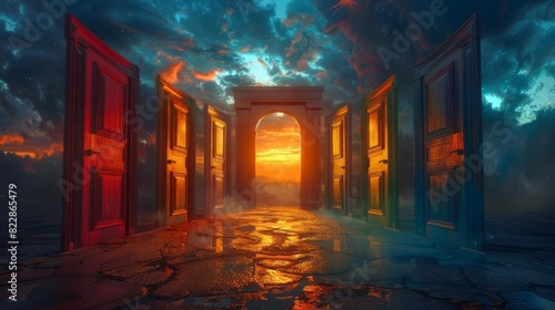 A series of doorways each leading to a different parallel universe, photo