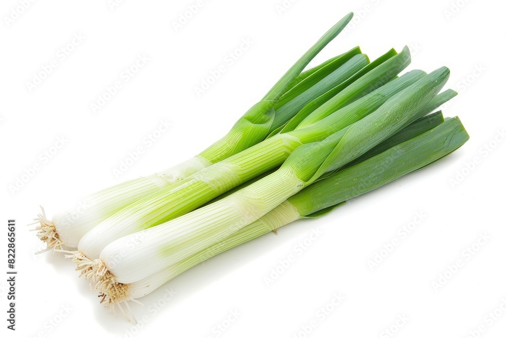 Fresh green leeks on clean white background for captivating ads and packaging designs - generative ai Fresh green leeks on clean white background for captivating ads and packaging designs - generative ai