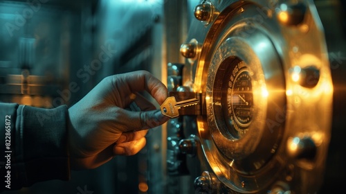 Dark bank vault with a person holding a key to a deposit