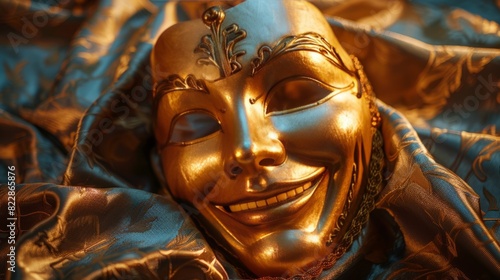 Gold theatrical mask smiling on a velvet background © Lena