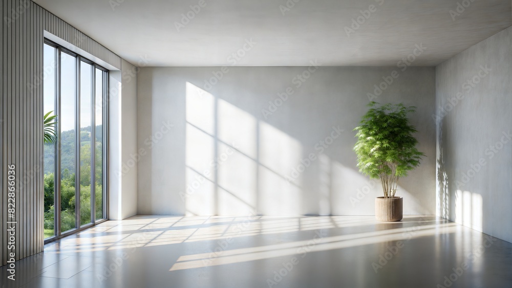 Obraz premium Realistic and minimalist blurred natural light windows, shadow overlay on wall paper texture, abstract background. Minimal abstract light white background for product presentation.
