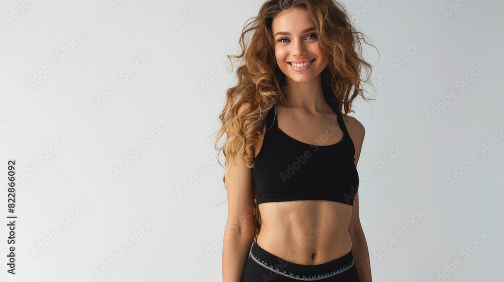 Naklejka premium A smiling woman with curly hair, wearing a black sports bra and leggings, standing against a plain background, exuding health and fitness vibes.